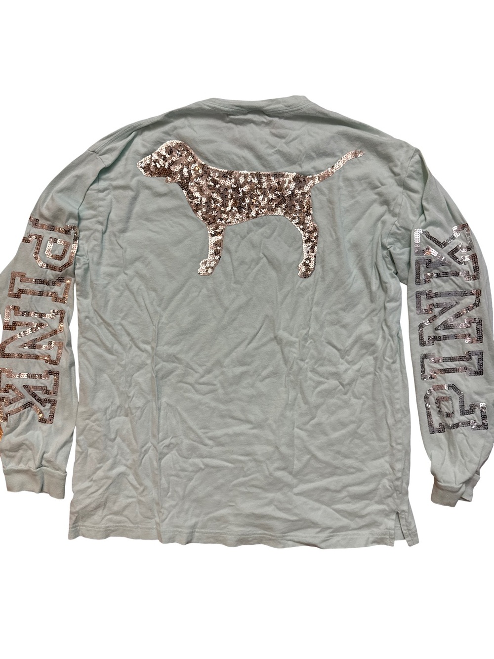 Victoria’s Secret Pink Sequin Bling Dog T-Shirt Mint Women’s Size L Long Sleeve